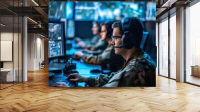 military operator monitoring battle information in control room with screens and displays, future army and security concept Wall mural