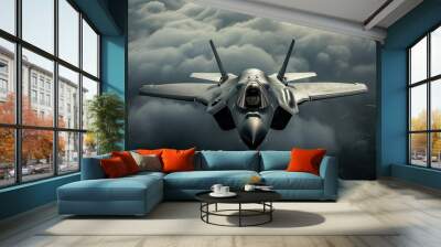 modern fifth generation combat air fighter jet in sky, advanced stealth military aircraft flying Wall mural