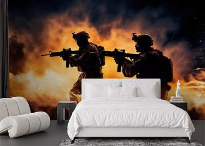 modern soldier with rifle taking combat on fire background, military special forces at war during battle, army infantry commando in silhouette Wall mural