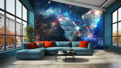 neon glowing fantasy butterfly at dark background. colorful uv insect wallpaper Wall mural