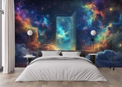 open door with light at the end, new life and opportunity concept, changes and right decision, gate to fantastic world  with stars and nebulas Wall mural