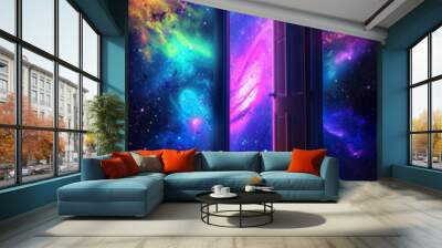 open door with light at the end, new life and opportunity concept, changes and right decision, gate to fantastic world  with stars and nebulas Wall mural