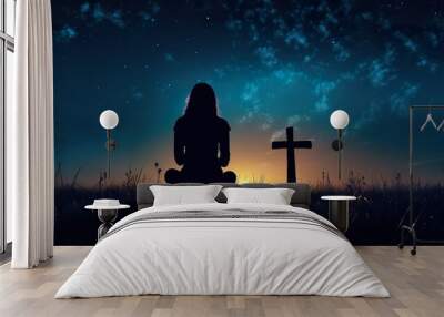 person prayer at nature, faith and christianity concept, cross at night sky Wall mural