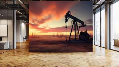 silhouette of industrial oil pump at sunset, fuel rig derrick, energy and power supply concept Wall mural