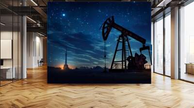 silhouette of industrial oil pump at sunset, fuel rig derrick, energy and power supply concept Wall mural