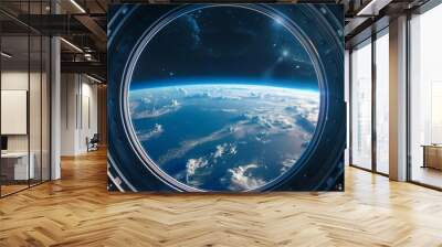 spaceship window with sunrise over planet view, space station porthole illuminator with planetary sunset view, astronomy background concept Wall mural