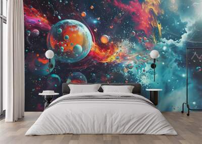 surreal cosmic collage with planets, stars, nebulas and galaxies, far alien world in style of abstract, dreamlike colorful universe  Wall mural