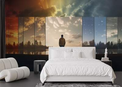 time and weather change concept, day and night and season changing collage, human and nature Wall mural