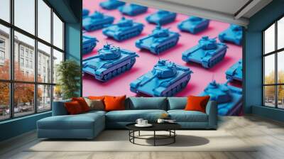 toy military tank pattern on pink background, war and conflict illustration concept, heavy weapon industry wallpaper Wall mural