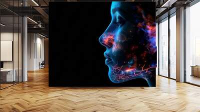 woman head connected to global web with wireless interface, female consciousness integrated in cyberspace, human and digital transformation concept Wall mural