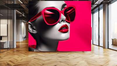 woman is wearing pink sunglasses, in the style of graphic black and white, vividly bold designs, light red and dark pink, retro pop art Wall mural