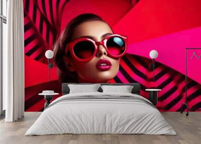 woman is wearing pink sunglasses, vividly bold designs, light red and dark pink, retro pop art Wall mural