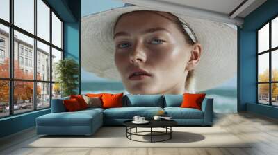 A young woman wearing a white hat is standing on a beach.

 Wall mural