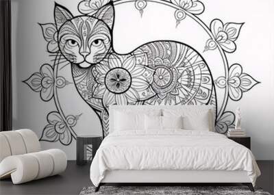 Cat Mandala:  A detailed and intricate line art illustration of a cat surrounded by a mandala pattern, perfect for adult coloring books, tattoos, or decorative designs.  Wall mural