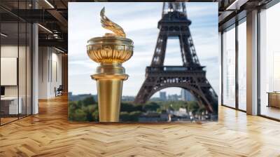 The image shows a golden torch in front of the Eiffel Tower.

 Wall mural