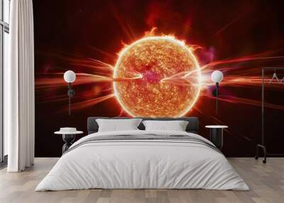 This is an image of the sun with a red and orange glow and rays extending outward from the center.

 Wall mural