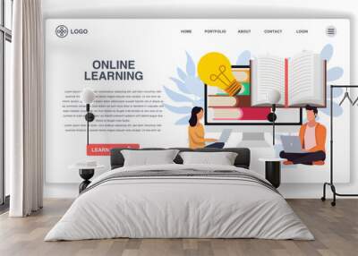 Two people are using laptops to study. website page Online Learning. Modern flat design concept of web page design for website and mobile website Wall mural