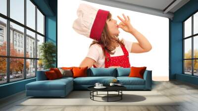 little girl cook with ok hand sign and salmon on dish Wall mural