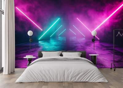 Image of crisscrossing neon laser lights over empty purple stage for product placement or branding presentation scene. Wall mural