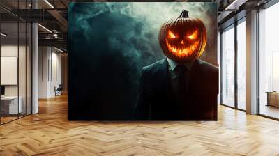 mage of pumpkin man have carved jack-o'-lantern for a head standing in suit against on dark background evoke sense of Halloween spookiness. Wall mural