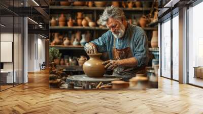 Experienced potter shaping clay pottery in a rustic workshop Wall mural