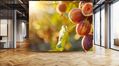 Fresh figs growing on a tree in a sunny orchard Wall mural