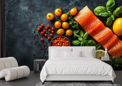 Fresh salmon with herbs and vegetables on a dark rustic table Wall mural