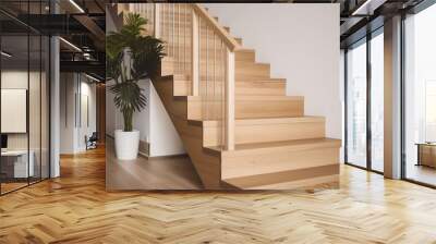 Modern natural ash tree wooden stairs in new house interior Wall mural