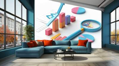 A magnifying glass sits on a sheet of paper with a bar graph and pie charts, representing growth and data analysis. Wall mural