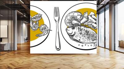 Set of sea bream fish with potato and shrimp barbecue. Hand drawn vector illustration. Seafood plates. Wall mural