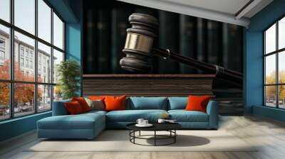 Gavel of Justice: A close-up shot of a wooden gavel resting on a law book, with a row of legal volumes in the background, symbolizing the authority, power, and finality of the legal system.   Wall mural