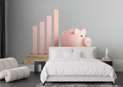 Pink Piggy Bank and Growth Chart: A 3D rendering of a pink piggy bank positioned next to a steadily rising bar graph, symbolizing financial growth and savings.  The image evokes feelings of security. Wall mural