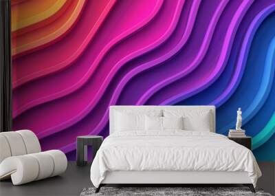 Rainbow Waves:  A vibrant and dynamic abstract background with layered, undulating lines in a rainbow spectrum of colors.  The flowing lines create a sense of movement and energy, perfect for modern d Wall mural