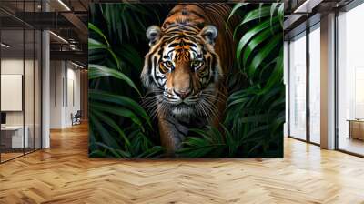 Tiger in the Jungle: A majestic tiger stalks through lush foliage, its piercing gaze fixed on the viewer in a captivating display of power and grace. The image evokes a sense of wild beauty and primal Wall mural