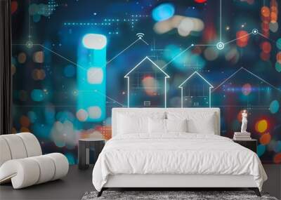 Abstract futuristic illustration with two white homes with a wifi symbol against a colorful city bokeh background. Wall mural