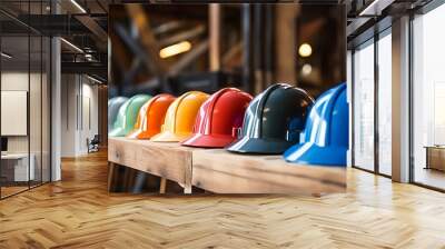 Row of colorful hard hats on a wooden surface. Wall mural