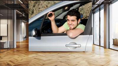 happy man with new car and key Wall mural