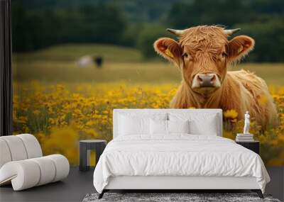 A brown cow lying in a field of yellow wildflowers with a forest in the background. Wall mural