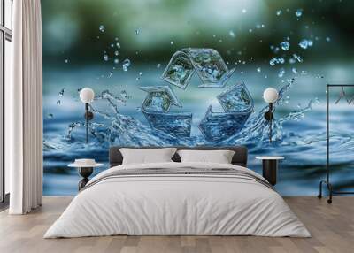 A clear plastic recycling symbol with water droplets splashing around it. Wall mural