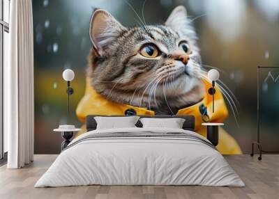 A cute tabby cat wearing a yellow raincoat looks up at the falling rain. Wall mural