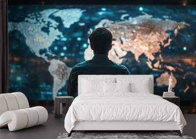 A man looks at a large screen displaying a world map with glowing lights. Wall mural