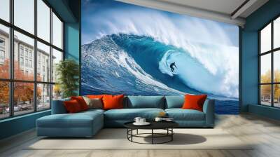 A surfer rides a massive wave, a perfect barrel with blue water, and a dramatic sky. Wall mural