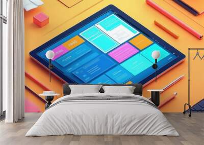 A tablet with a bright blue screen and colorful app tiles sits on an orange desk with colorful pencils and a keyboard. Wall mural