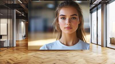 A young woman with long brown hair looks directly at the camera in an indoor setting. Wall mural