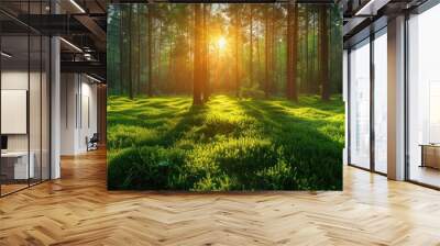 Beautiful view of green wood forest in summer Wall mural