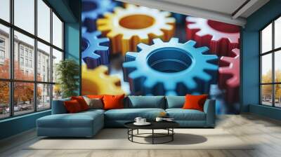 Close up of colorful interlocking gears. Wall mural