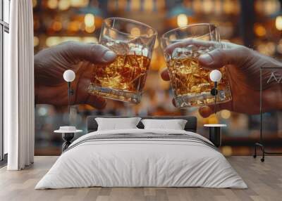 Close up view of two men's hands clinking whiskey glasses of alcoholic drink together while at bar counter Wall mural