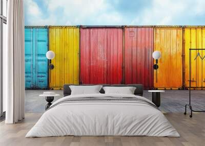 Colorful shipping containers with a cloudy sky in the background. Wall mural