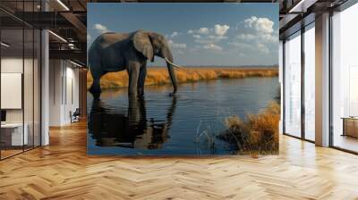 Elephant Drinking from a River in a Savanna Landscape Wall mural