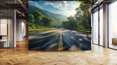 Empty asphalt road and blurred speed movement on highway in rural forest Wall mural